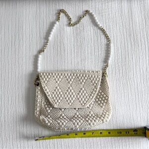 Vintage Ivory Beaded Purse Two Sided Double Flap Saddlebag Handmade Hong Kong